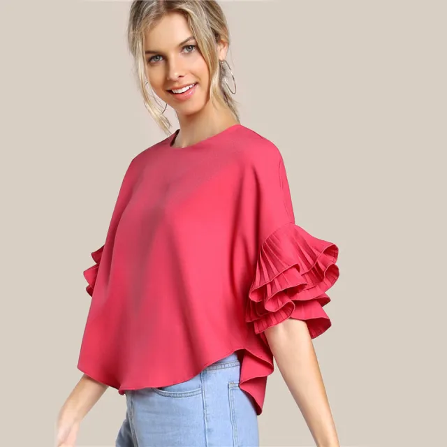Ladies T shirt Round Neck Lotus Leaf Double Layer Bell Sleeve Short Chic Top Red - Shop at LoveMi