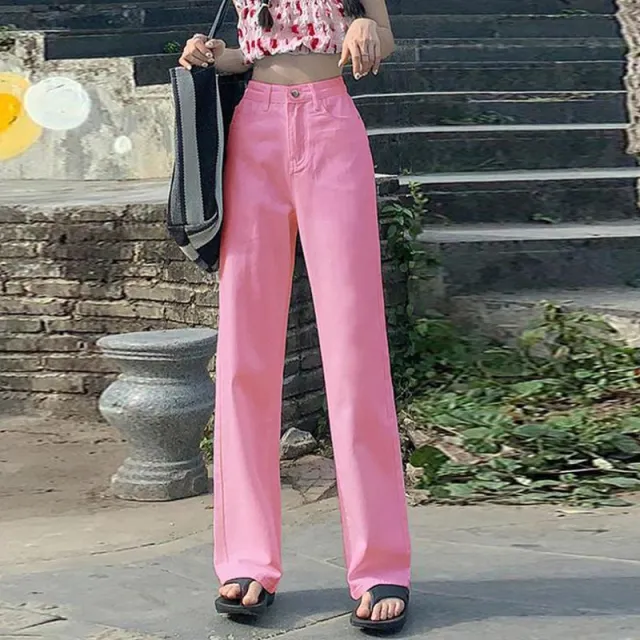 Women's High Waist Straight Jeans Loose fitting Wide leg Trousers Pink - Shop at LoveMi