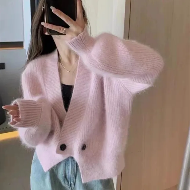 Design Sense Autumn And Winter V Loose Long Sleeve Solid Color Sweater Pink - Shop at LoveMi