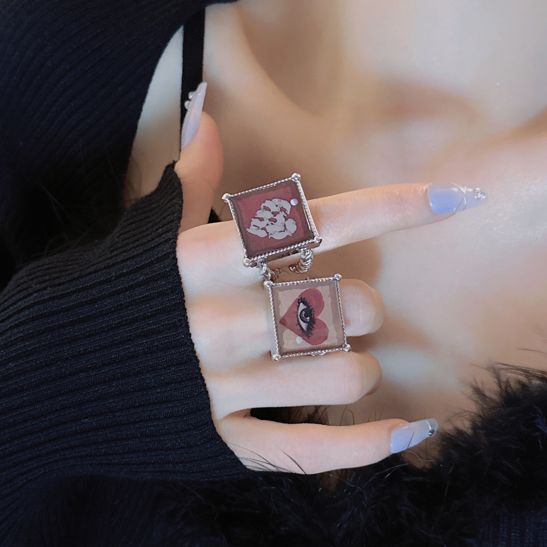 Oil Painting Metal Square Box Ring Necklace