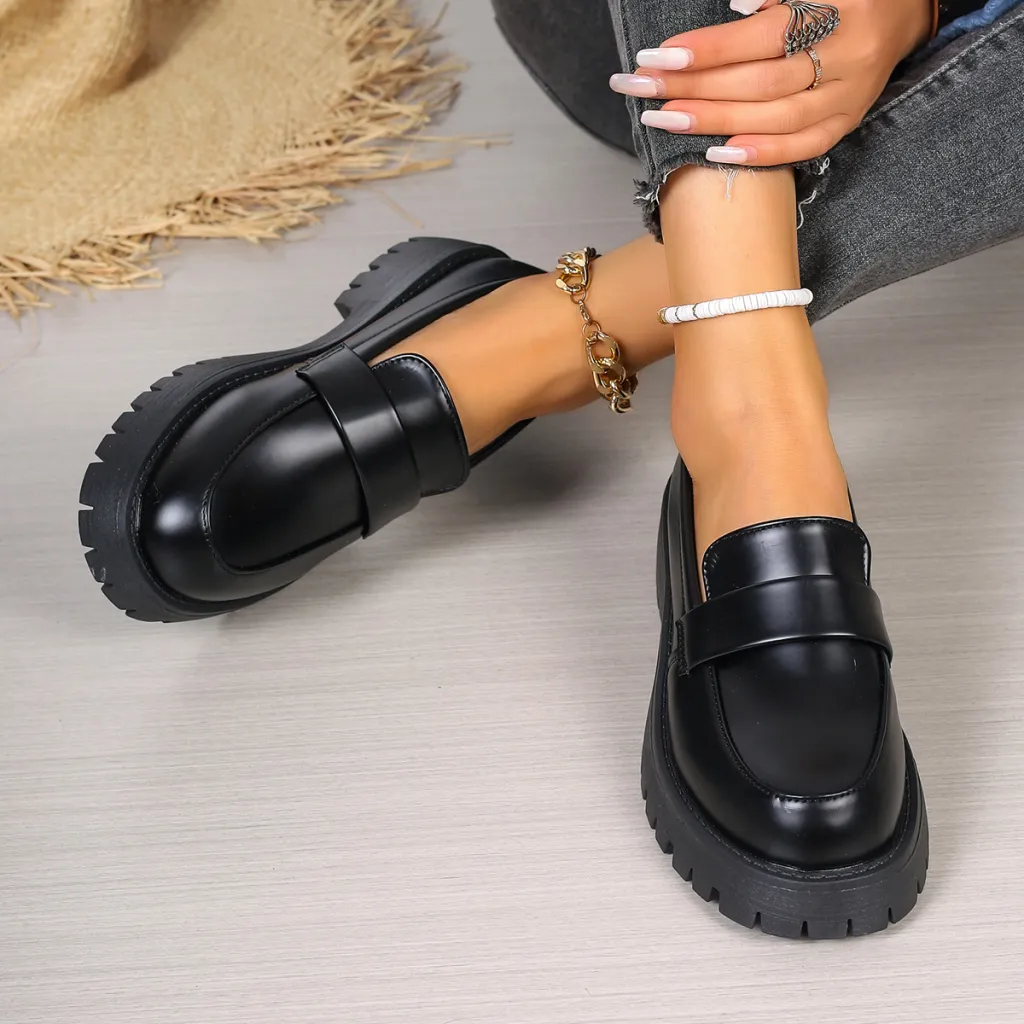 Black British Style Loafers Platform Shoes - Black