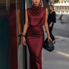 New Women's Solid Color Loose Fit Satin Casual Dress - Wine Red - View 1