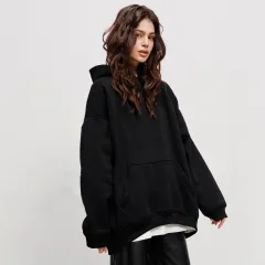 Women's Fleece-lined Bathroom Solid Color Clothing Word Kangaroo Pocket Drawstring Hoodie - Black - View 1