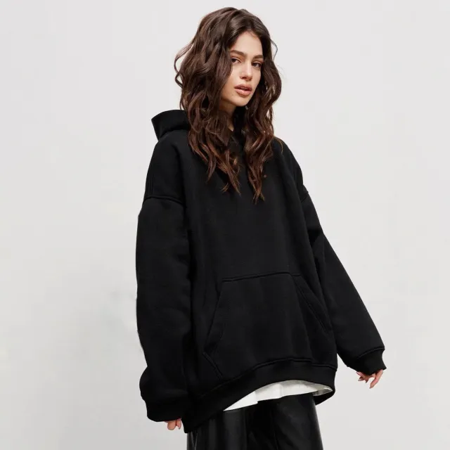 Women's Fleece lined Bathroom Solid Color Clothing Word Kangaroo Pocket Drawstring Hoodie Black - Shop at LoveMi