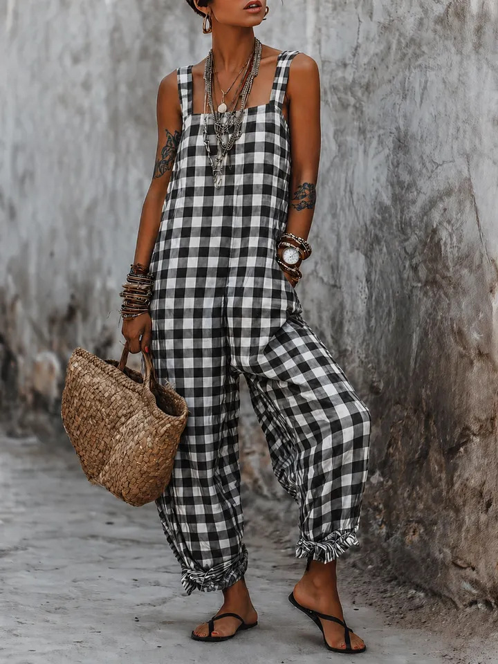 Linen blend sleeveless high-waist wide-leg overalls jumpsuit – women's boho casual summer resort outfit