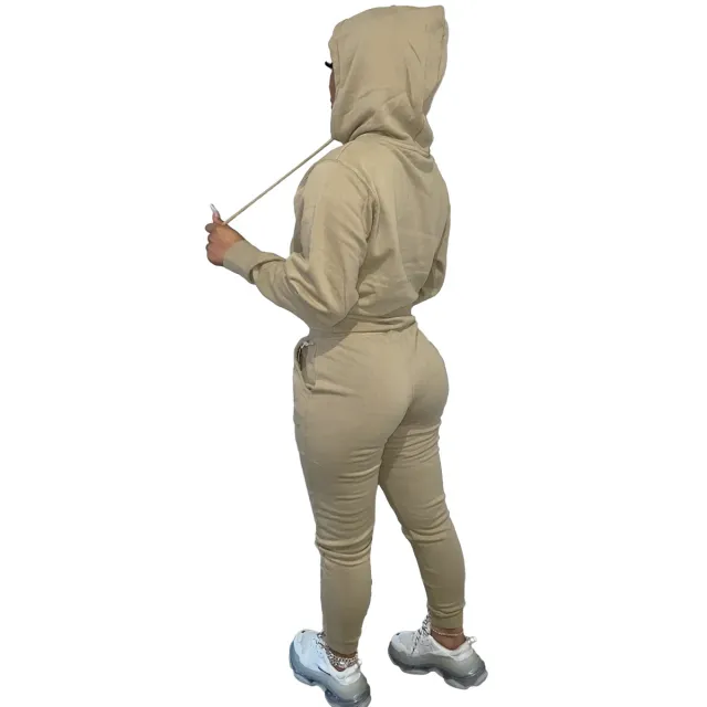 Brushed Hoody Women's Two piece Hoodie Suit Casual Sports Suit Khaki - Shop at LoveMi