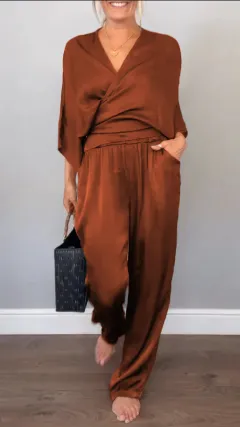 Solid Colour Satin Short-sleeved Top Pants Suit Women - Light Brown - View 1
