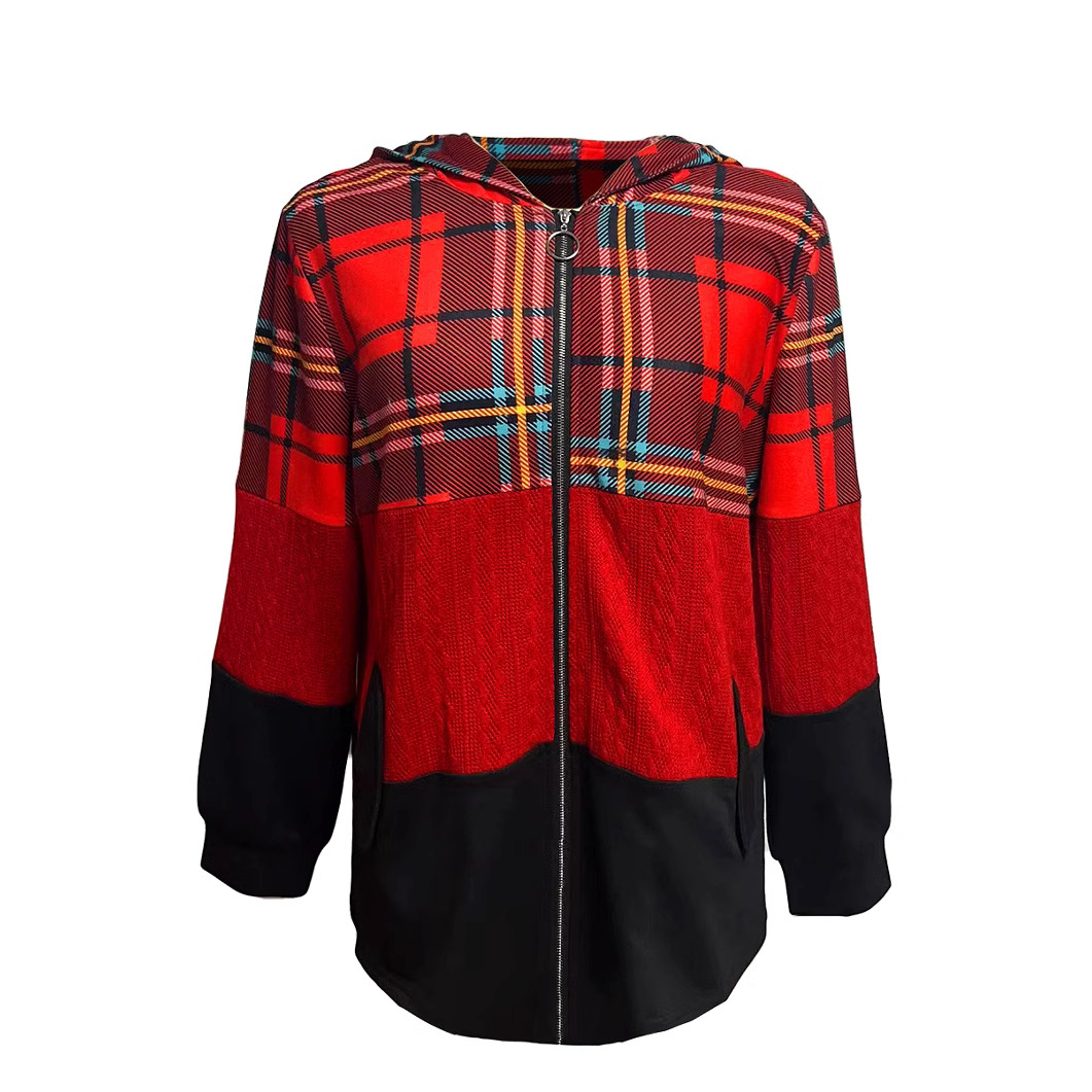 Fashion Loose Patchwork Assorted Colors Plaid Hooded Zipper Jacket