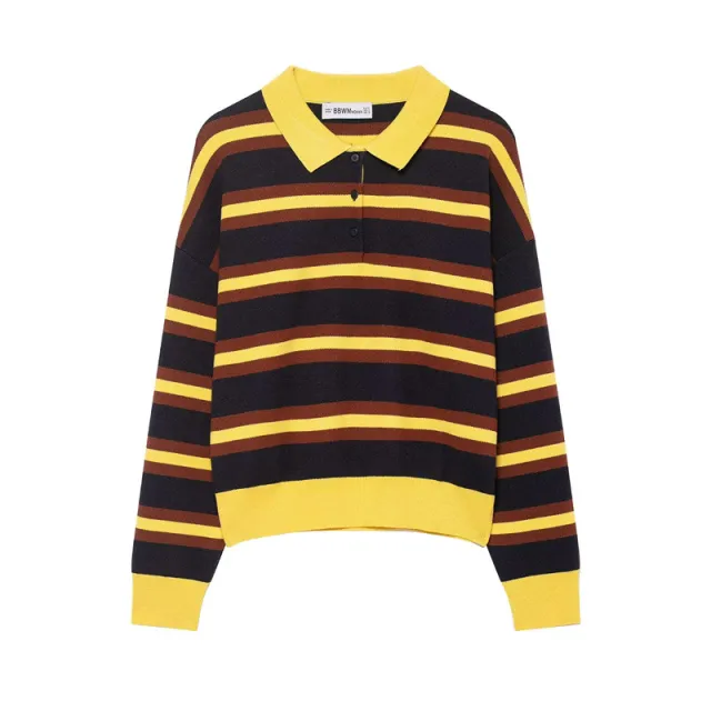 Women's Fashion Striped Polo Collar Knitted Sweater - Shop at LoveMi