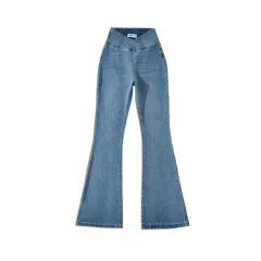 American Retro High Waist Irregular Denim Bootleg Pants Women - Blue - View 1