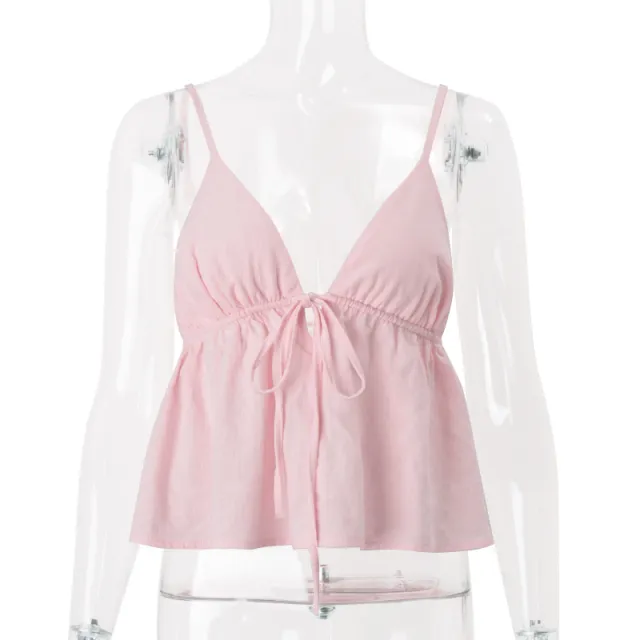 Low cut Backless Lace up Vest Pink - Shop at LoveMi