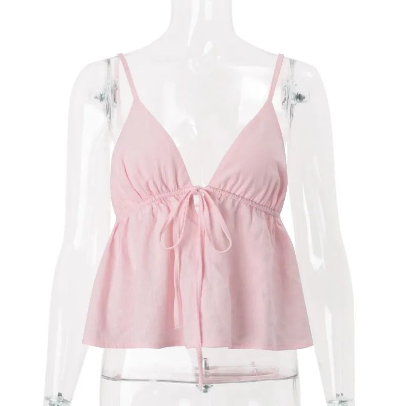 Low-cut Backless Lace-up Vest - Pink