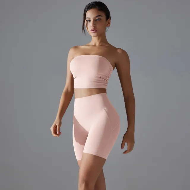 One piece Pleated Tube Top High Waist Hip Lift Yoga Suit Female Pink Fog - Shop at LoveMi