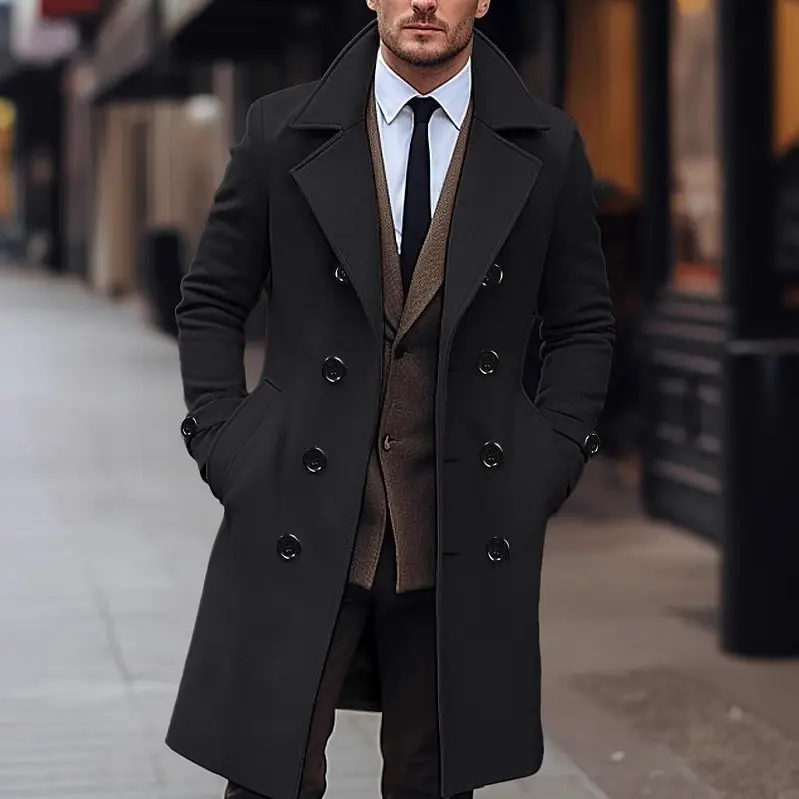 Men's Solid Color Mid-length Wool Coat Korean