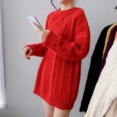 Girls' Mid-length Thickened Sweater Korean Style Lazy Style Loose Pullover Solid Colour Crew Neck Coat - Red - View 1
