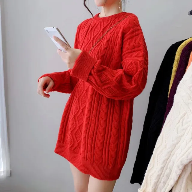 Girls' Mid length Thickened Sweater Korean Style Lazy Style Loose Pullover Solid Color Crew Neck Coat Red - Shop at LoveMi