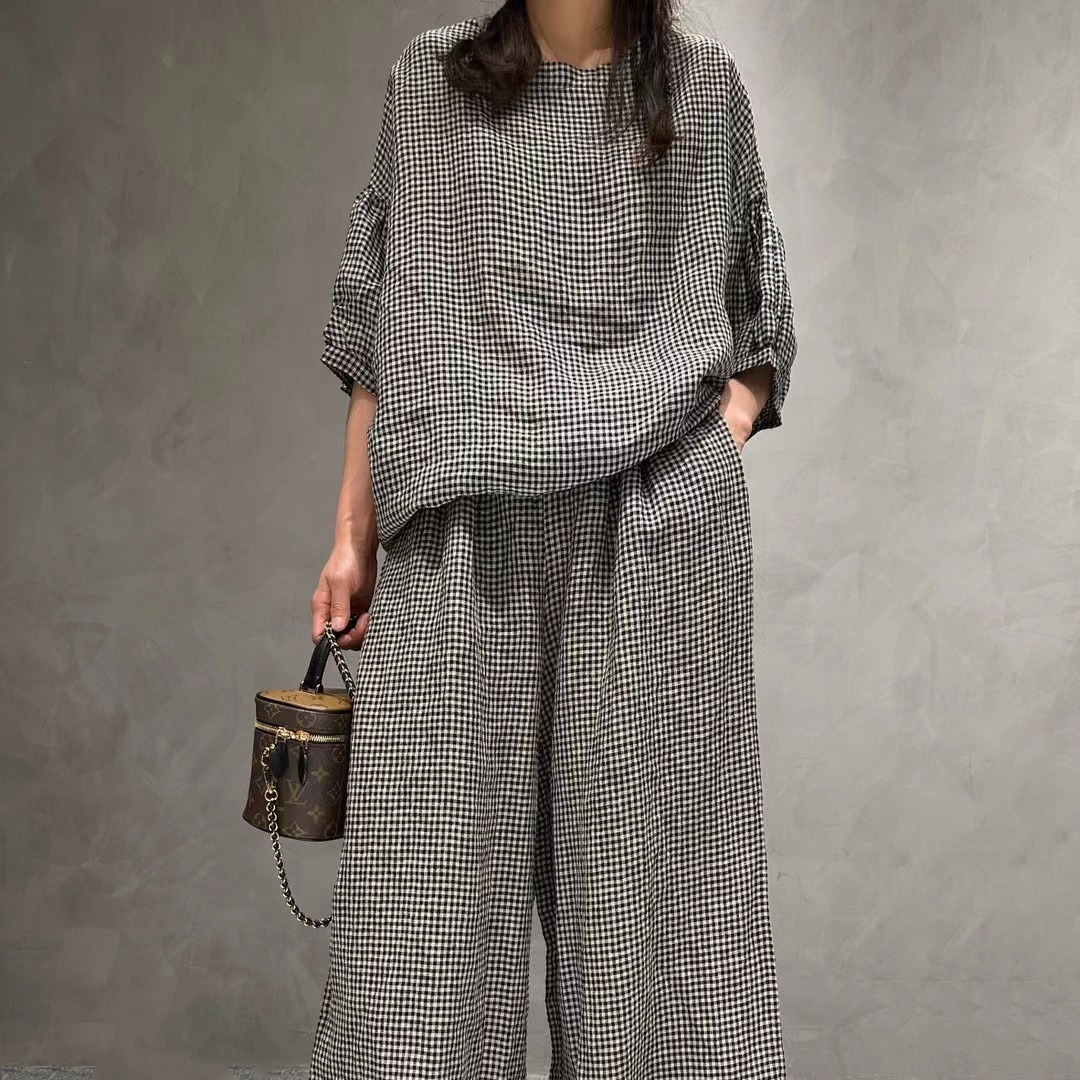 Half Sleeve Linen Plaid Round Neck T-shirt Wide Leg Pants