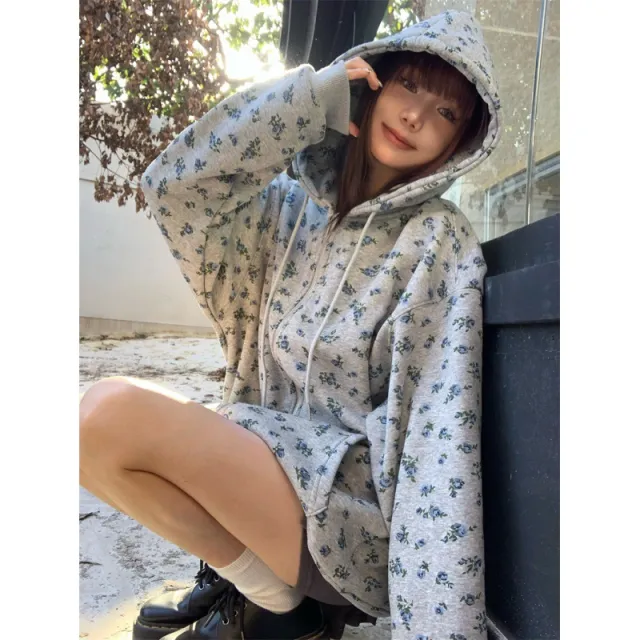 Autumn Retro Loose Hooded Fleece lined Floral Sweater Coat Gray - Shop at LoveMi