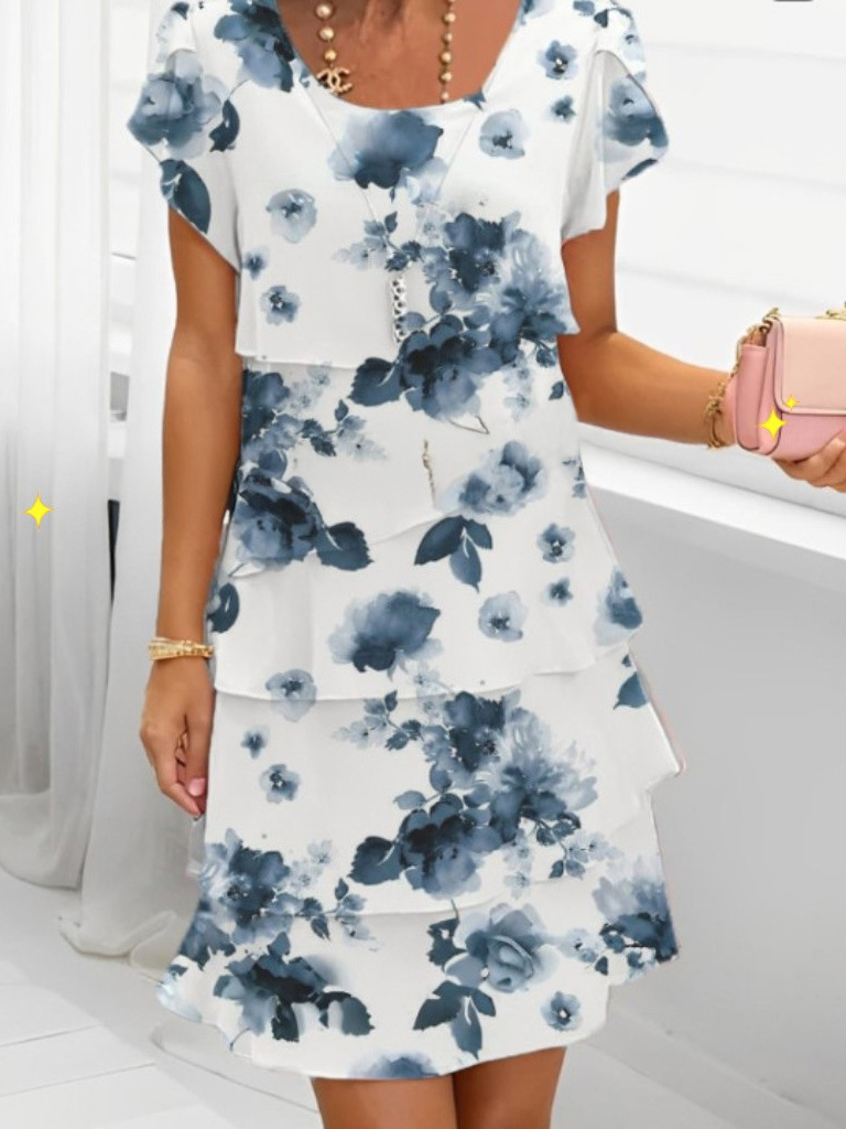 Short Sleeve Round Neck Dress Peacock Blue Flower - Shop at LoveMi