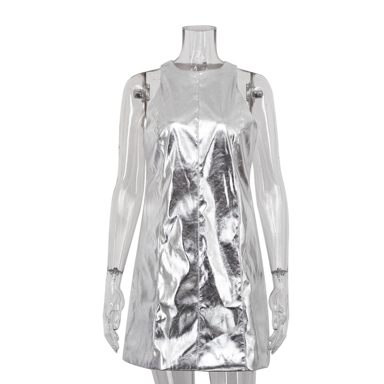 European And American Style Reflective PU Leather Sexy Nightclub Vest Dress Silver - Shop at LoveMi