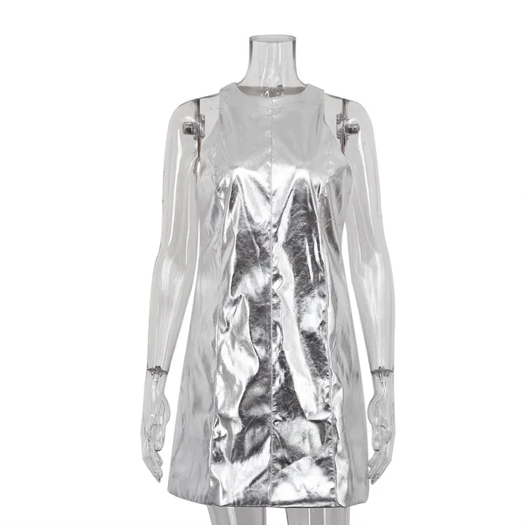 European And American Style Reflective PU Leather Sexy Nightclub Vest Dress - Silver