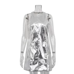 European And American Style Reflective PU Leather Sexy Nightclub Vest Dress - Silver - View 1