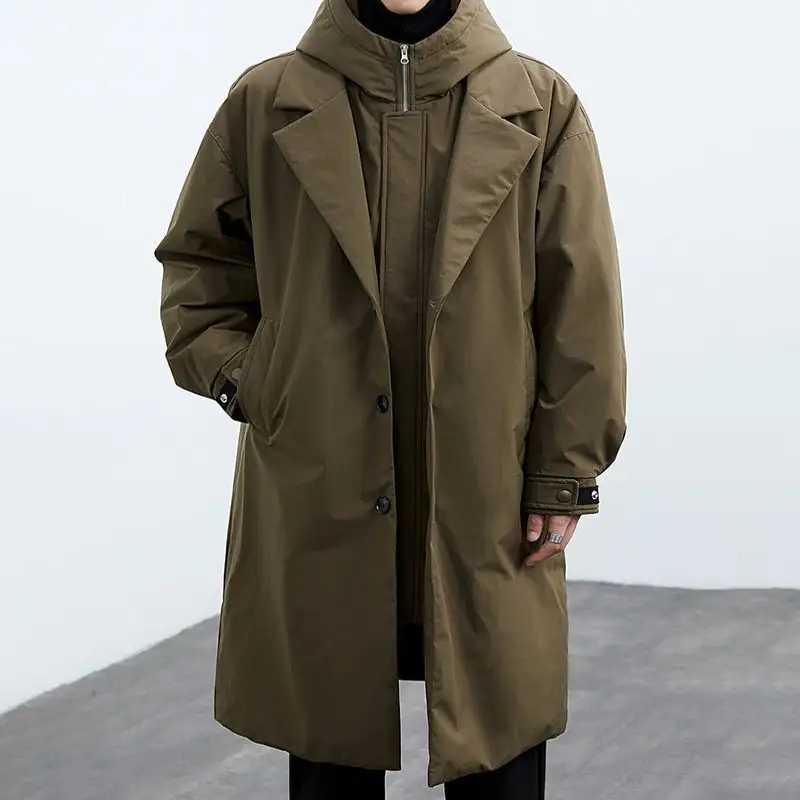 Coat Men's False Two Pieces Hooded Mid-length Trench
