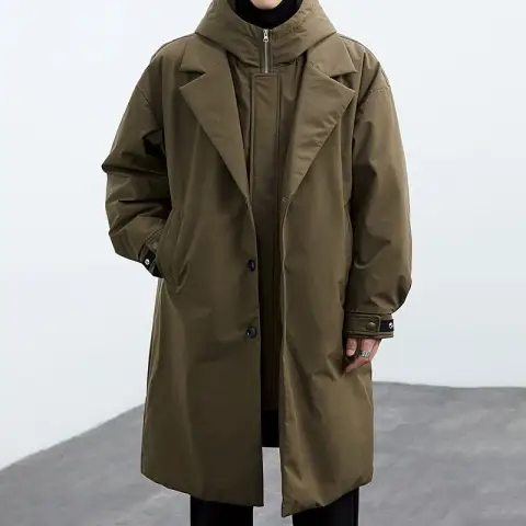 Coat Men's False Two Pieces Hooded Mid-length Trench