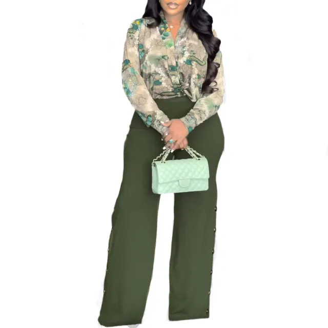 Women's Printed V neck Shirt Wide Leg Pants Two piece Set Green - Shop at LoveMi