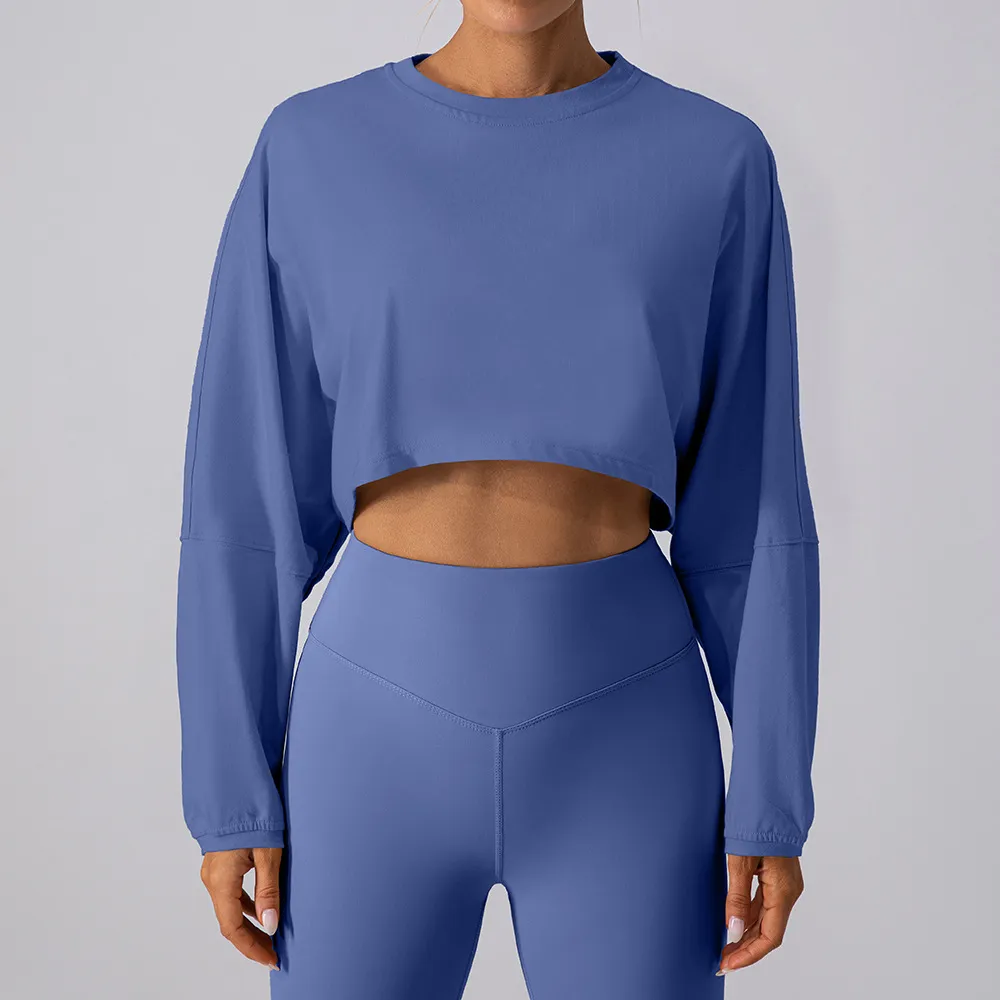 Round Neck Sweater T-shirt Short Sports Yoga Run Long Sleeve Top - Gray