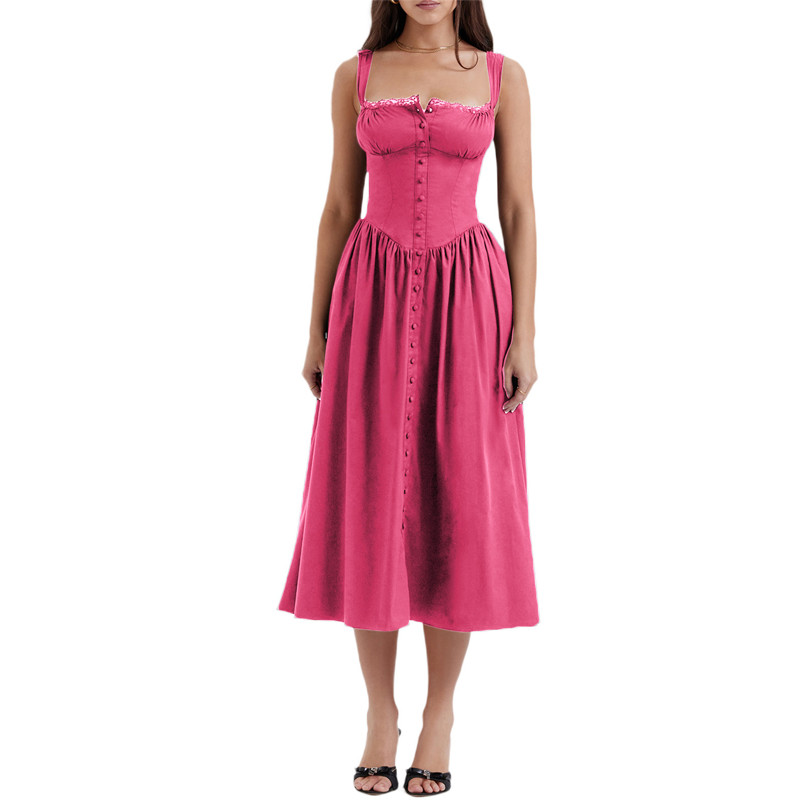 New Spring And Summer European And American Style Spaghetti Straps Chest Wrap Small Floral Solid Color Dress Rose Red - Shop at LoveMi