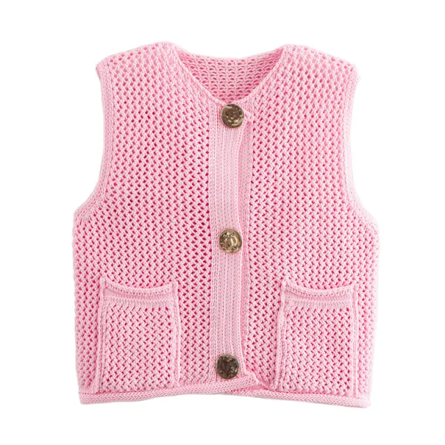 New Spring And Summer European And American Style Casual Breasted Thick Needle Knitted Vest Top Pink - Shop at LoveMi