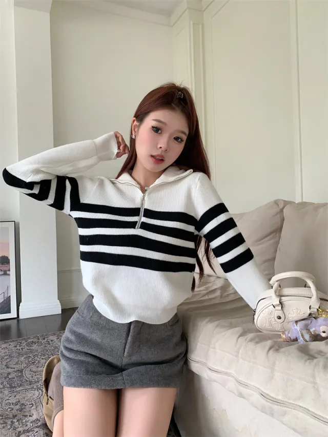 Contrast Color Striped Zipper Pullover Long Sleeve Sweater White - Shop at LoveMi