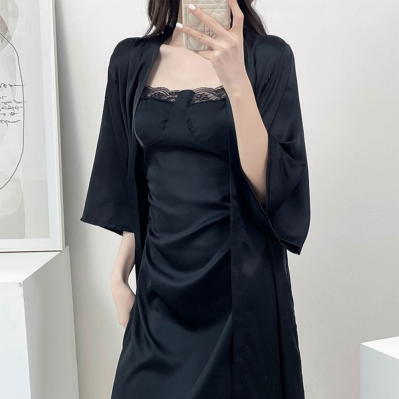 Black Sexy Pajamas Slip Dress And Robe Two-Piece Set - imagen 1