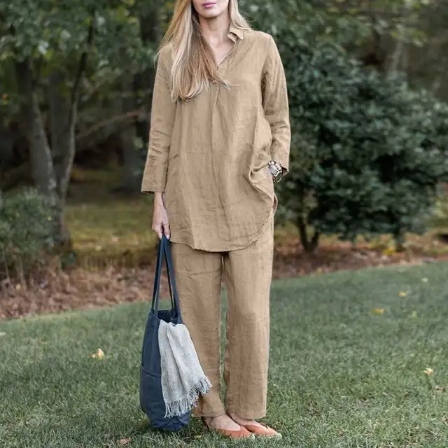 Loose Long Sleeve Shirt Wide Leg Pants Elegant Casual Retro Suit Khaki - Shop at LoveMi