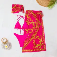 Vintage Print Lace-up Bikini Swimsuit Three-piece Suit - Rose - View 1