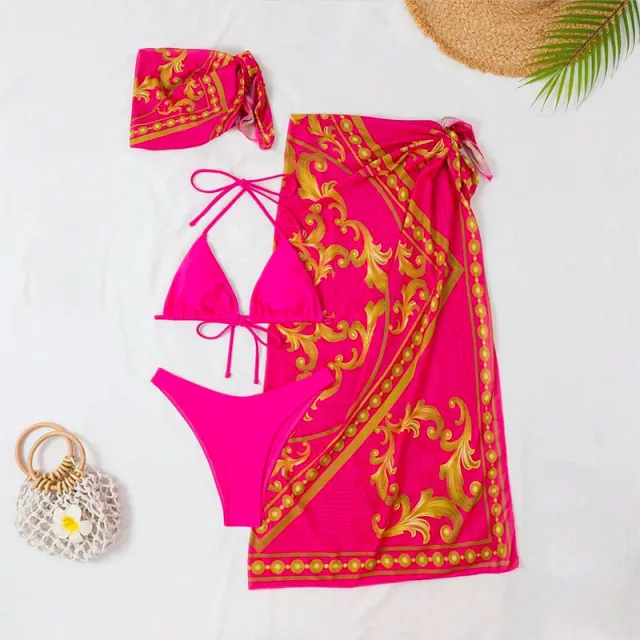 Vintage Print Lace up Bikini Swimsuit Three piece Suit Rose - Shop at LoveMi