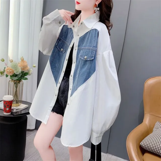 Design Sense Niche Loose Casual Love Denim Patchwork Stripes Shirt White - Shop at LoveMi