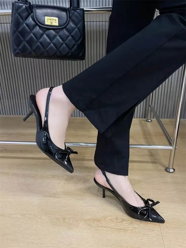 Solid Color Closed Toe Bow Stiletto Heel Pointed toe Fashion High Heel Sandals For Women Black - Shop at LoveMi