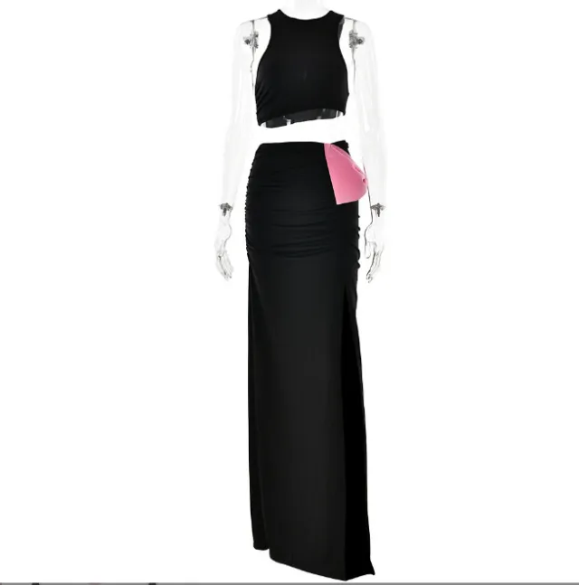 Cropped Tank Top Sexy Temperament High Waist Stitching Bow Set Black - Shop at LoveMi