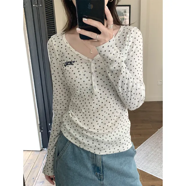 Women's Long sleeved T shirt Slim fit V neck Floral Bottoming Shirt White - Shop at LoveMi