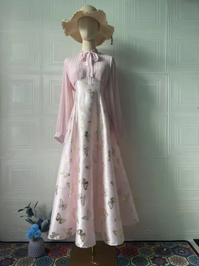 Elegant Long Sleeve Butterfly Bronzing Dress Pink - Shop at LoveMi