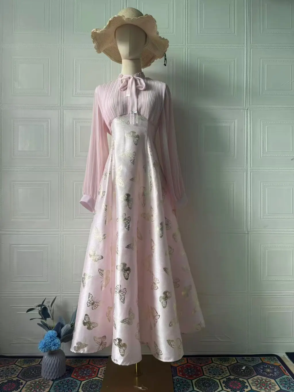 Elegant Long Sleeve Butterfly Bronzing Dress - Pink