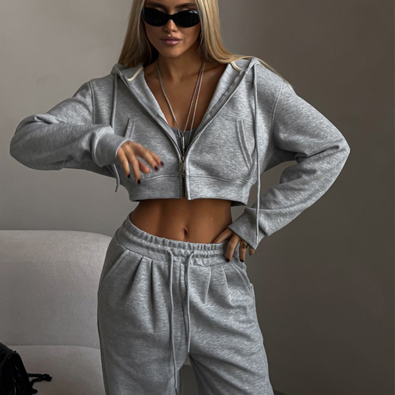 Casual Suit Solid Color Short Midriff Outfit Hooded Cardigan Lace up Sweatpants Gray - Shop at LoveMi