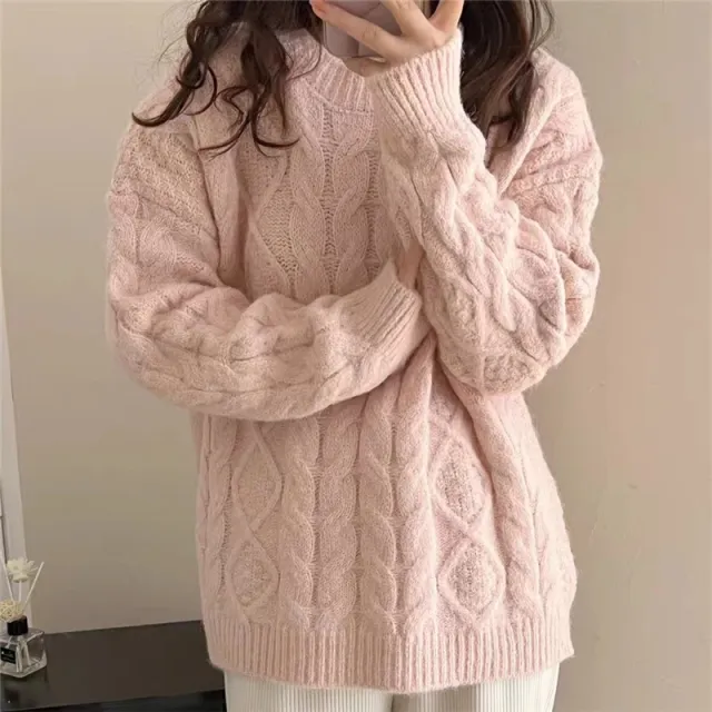 Retro Twist Sweater Women's Soft Glutinous Loose Round Neck Pink - Shop at LoveMi