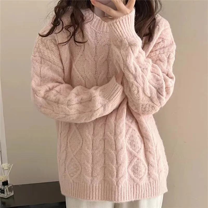 Retro Twist Sweater Women's Soft Glutinous Loose Round Neck - Pink