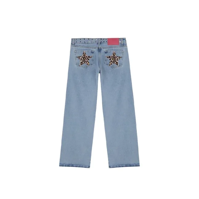 Leopard Print Five pointed Star Deconstructing Jeans For Women Blue - Shop at LoveMi