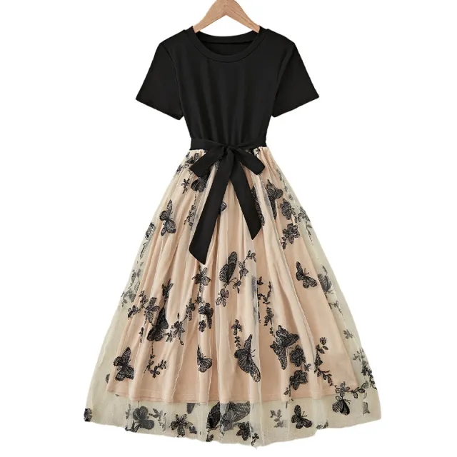 Embroidered Slim Fake Two Piece Mesh Dress Black And White - Shop at LoveMi