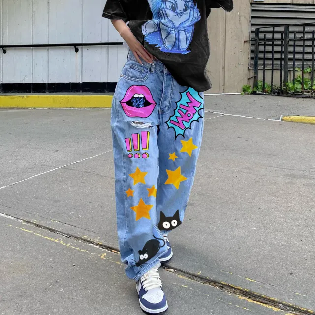 INS European And American Style Autumn Fashion Low Waist Vintage Printed Slim Fit Straight leg Denim Trousers Blue - Shop at LoveMi