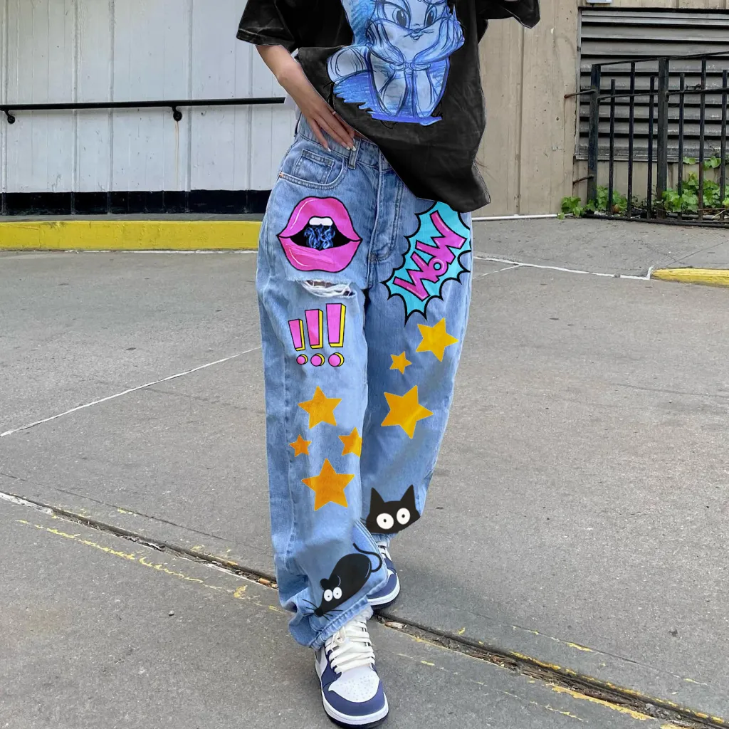 INS European And American Style Autumn Fashion Low Waist Vintage Printed Slim Fit Straight-leg Denim Trousers - Blue